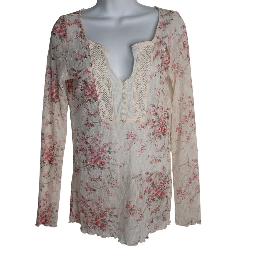 Denim & Supply Ralph Lauren Women Floral Lace Crochet Henley Top M Cottagecore